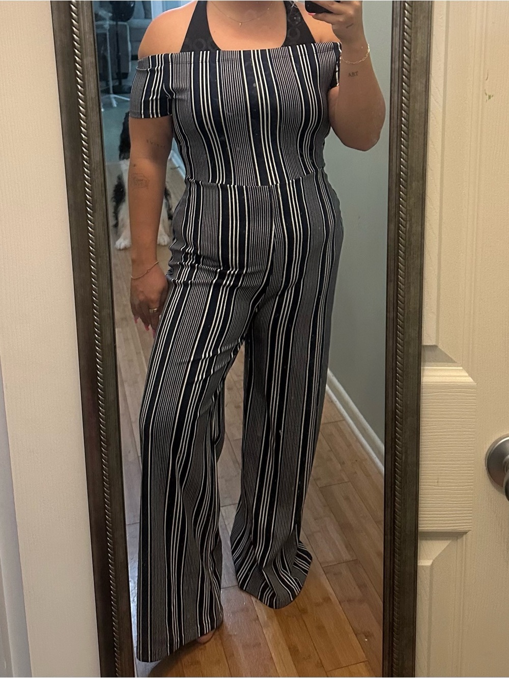 Windsor Black and White Striped Off-Shoulder Jumpsuit